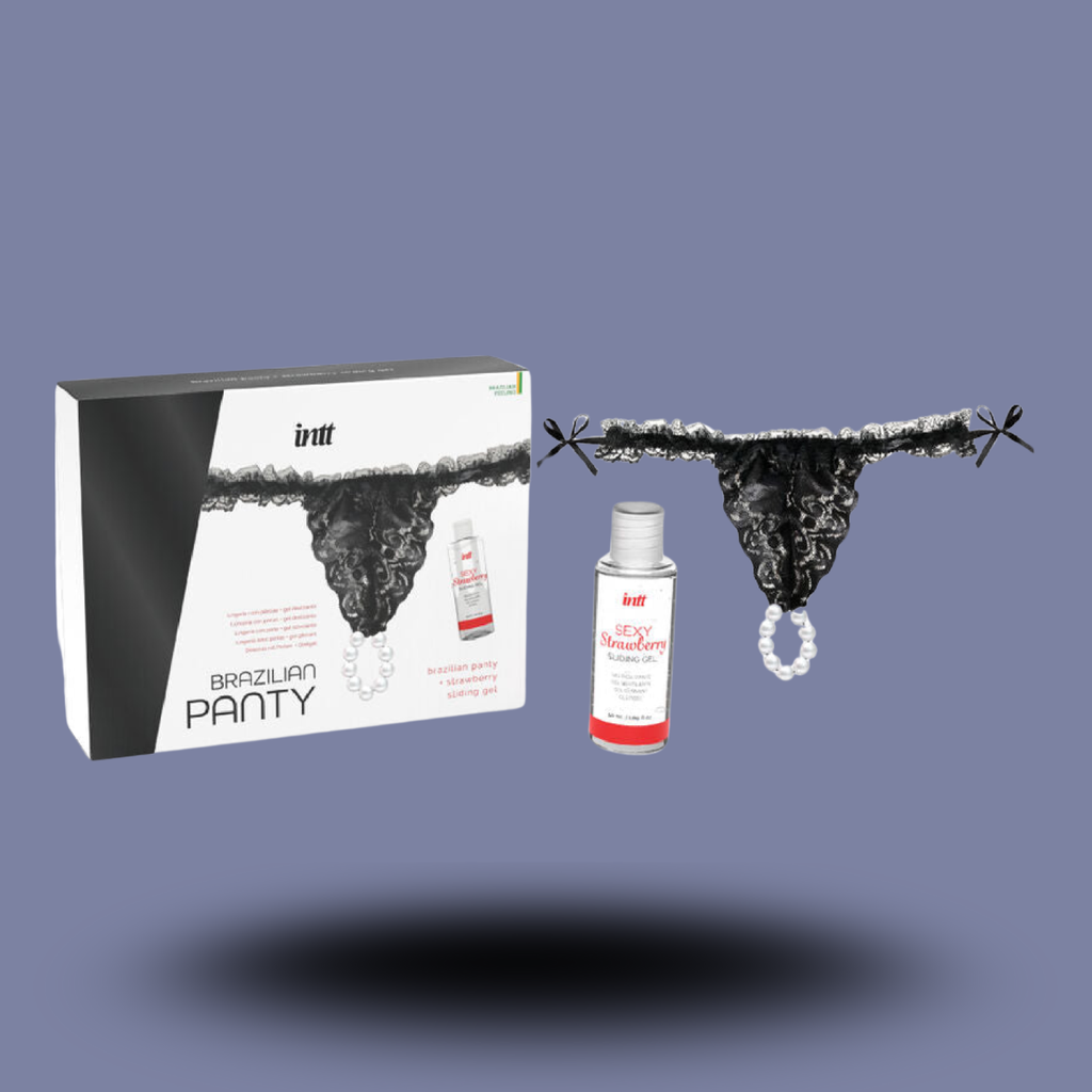 INTT RELEASES - CULOTTE BRÉSILIENNE NOIRE AVEC PERLES ET GEL LUBRIFIANT 50 ML