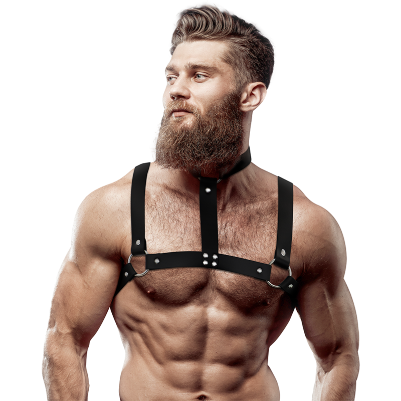 FETISH SUBMISSIVE ATTITUDE - HARNAIS DE POITRINE RÉGLABLE EN ÉCO-CUIR AVEC COLLIER POUR HOMMES